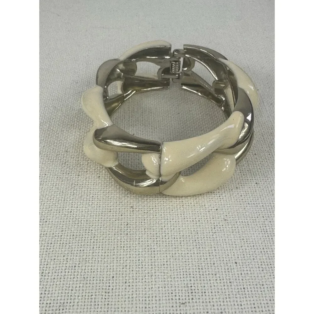Vintage Cream/Ivory Hinged Enamel & Gold-Tone Clamper Bracelet w/ Chunky Links